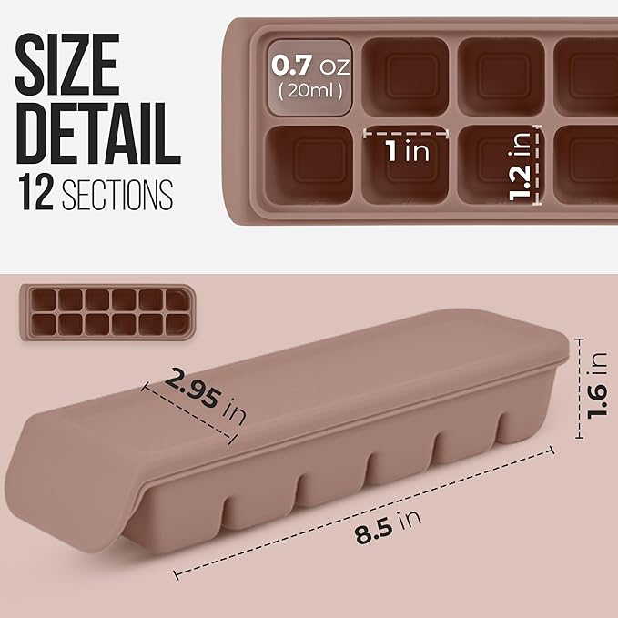 0.7 oz/12 Sections Silicone Ice Cube Freezer Tray with Lid, 100% Food-Grade Platinum Silicone,Leak Resistance & Dishwasher Safe for Baby Food Prep,Breast Milk,Purees - Korean Made, Brown