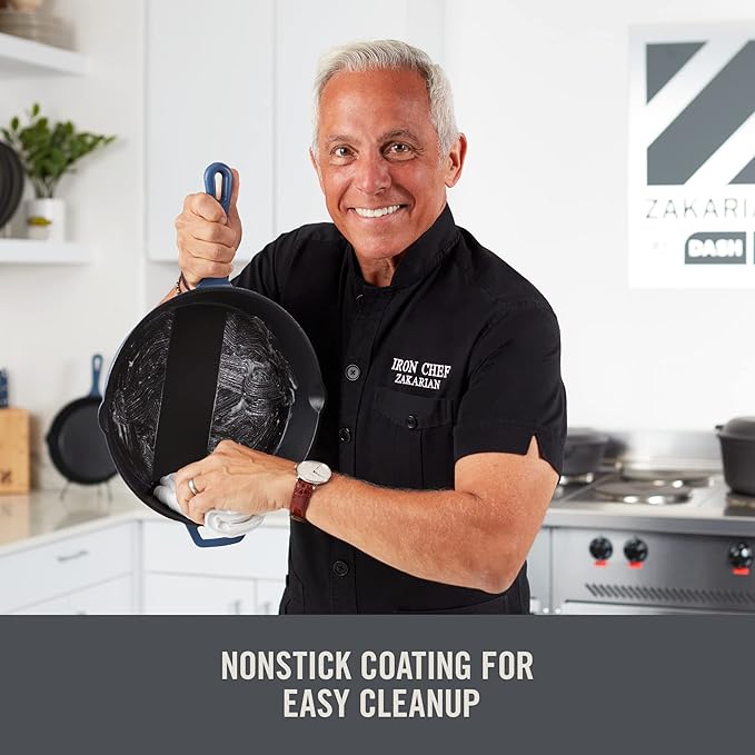 DASH Zakarian by Dash 9"x13" Nonstick Cast Iron Pan with Pour Spout and Removable Silicone Grips for Searing, Baking, Broiling, Grilling and more - Blue
