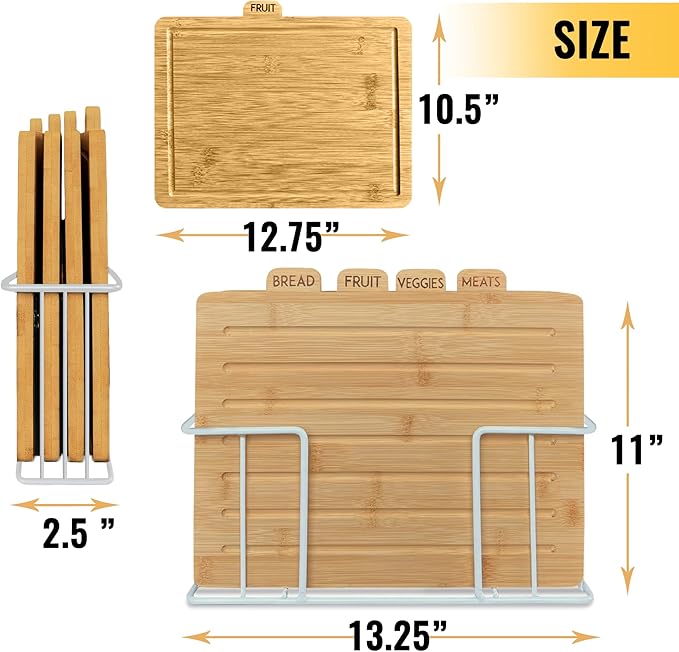 Wood Cutting Board Set with Holder 13"x11"x 3" | Wooden Cutting Boards for Kitchen | Labeled Chopping Board Sets | Large Bamboo Cutting Board Sets with Stand | Chopping Boards for Kitchen
