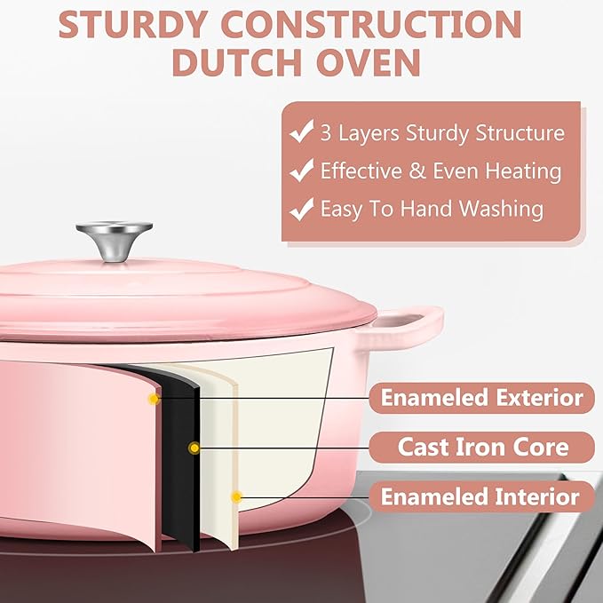 TeamFar Oval Dutch Oven, 5qt Enameled Cast Iron Dutch Oven Pot with Lid, For Bread Baking/Stewing/Braising/Frying, Suitable for Various Stoves, Dual Handles & Easy Cleanup, Pink
