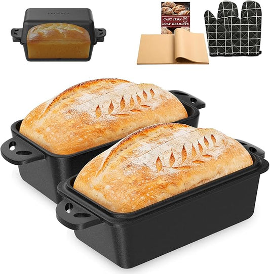 9×5 Inch Cast Iron Loaf Pan with Lid, 2-in-1 Bread Baking Pans for Homemade Bread, Pre-Seasoned | Even Heat Distribution, 2 Piece Set