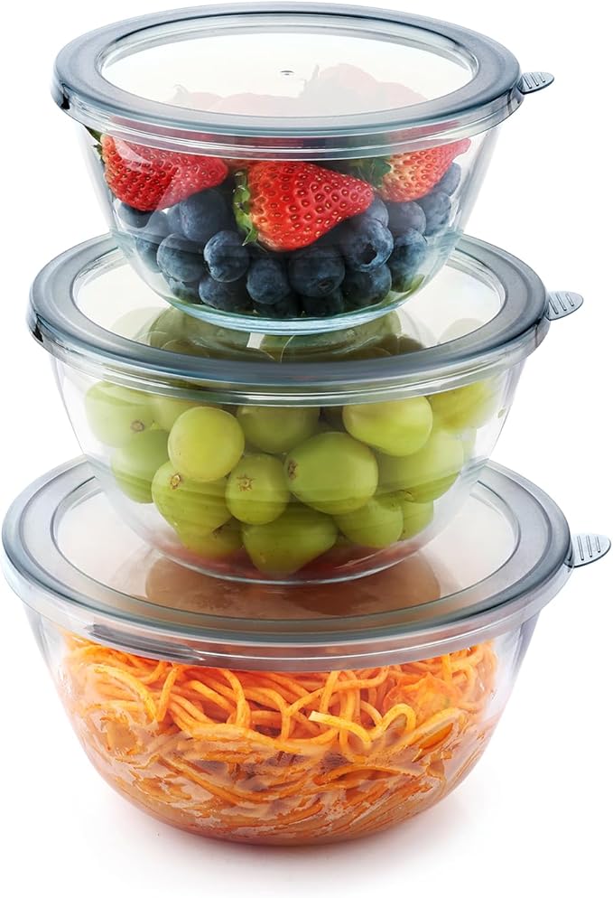 3pc Glass Mixing Bowls with Lids Set (1.64QT, 1.16QT, 0.85QT), Thick Salad Bowl, Nesting Glass Mixing Bowl for Cooking, Baking, Prepping-Dishwasher Microwave Freezer Safe