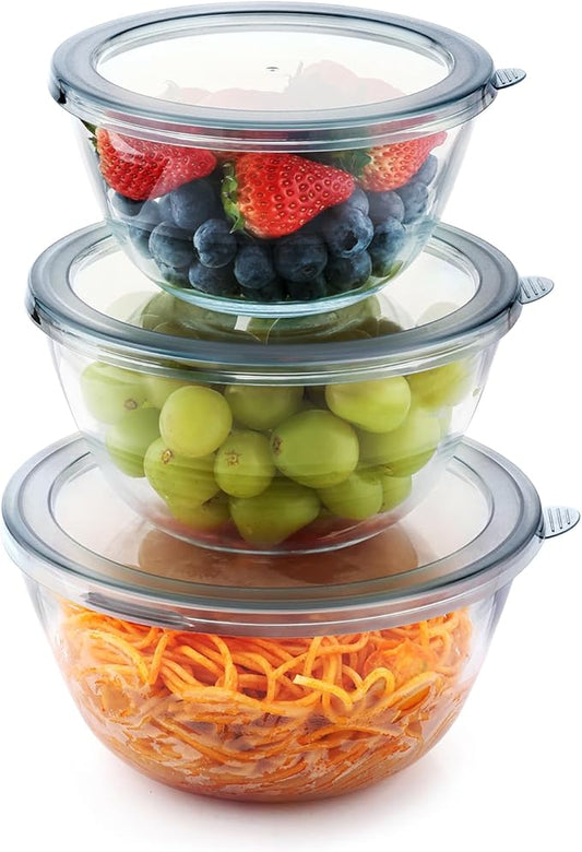 3pc Glass Mixing Bowls with Lids Set (1.64QT, 1.16QT, 0.85QT), Thick Salad Bowl, Nesting Glass Mixing Bowl for Cooking, Baking, Prepping-Dishwasher Microwave Freezer Safe