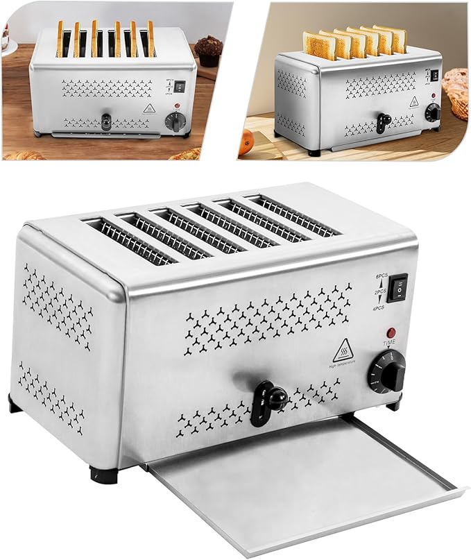 Electric 6 Slice Toaster, Stainless Steel Bread Baking Machine Commercial Toaster with Crumb Tray and Adjustable Timer Bread Making Tool for Home Kitchen Restaurant Bakery (3 Modes/1650W)