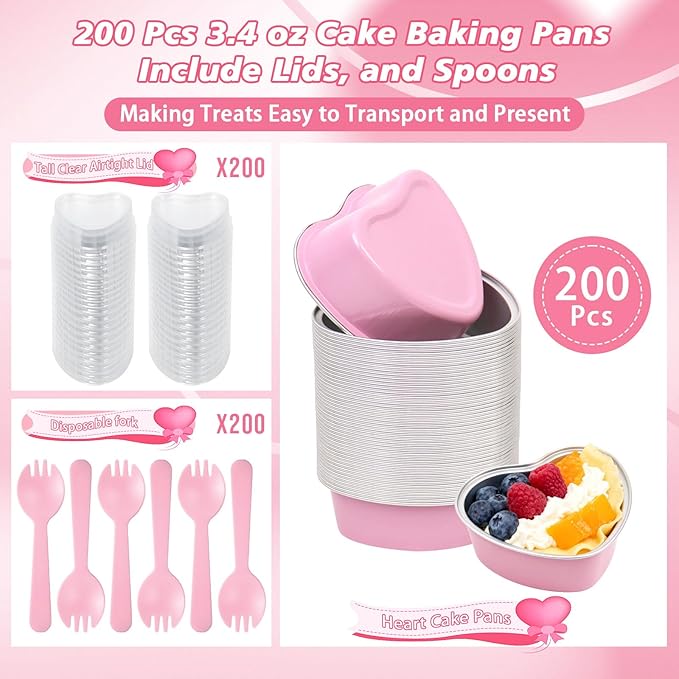 200 Pack 3.4 oz Pink Heart Shaped Mini Cake Pans with Lids, Disposable Aluminum Foil Pans for Valentine's Day Gifts, Cheesecake, Brownies & Romantic Parties