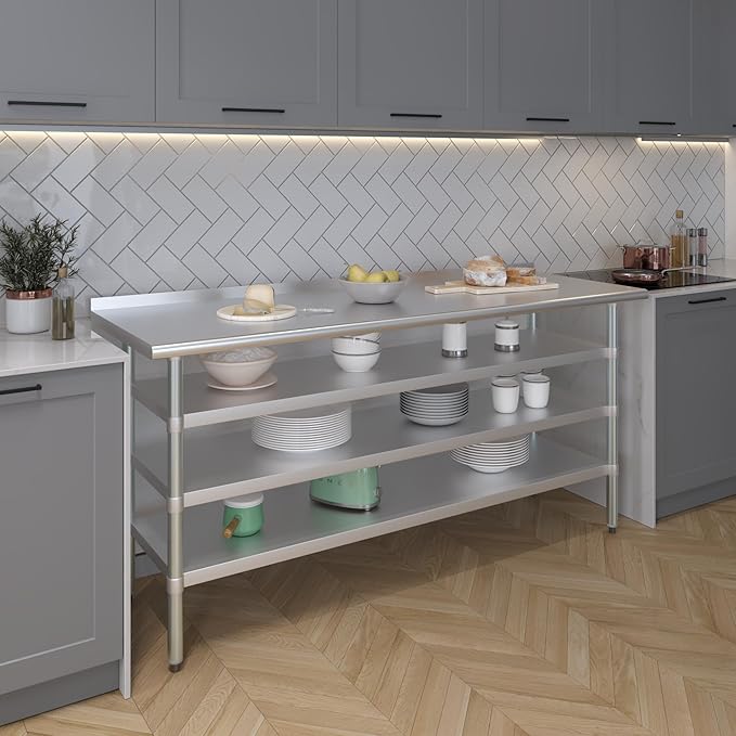 AmGood Stainless Steel Work Table with 1.5" Backsplash and 3 Shelves | Metal Kitchen Food Prep Table | NSF (72" Long x 24" Deep)
