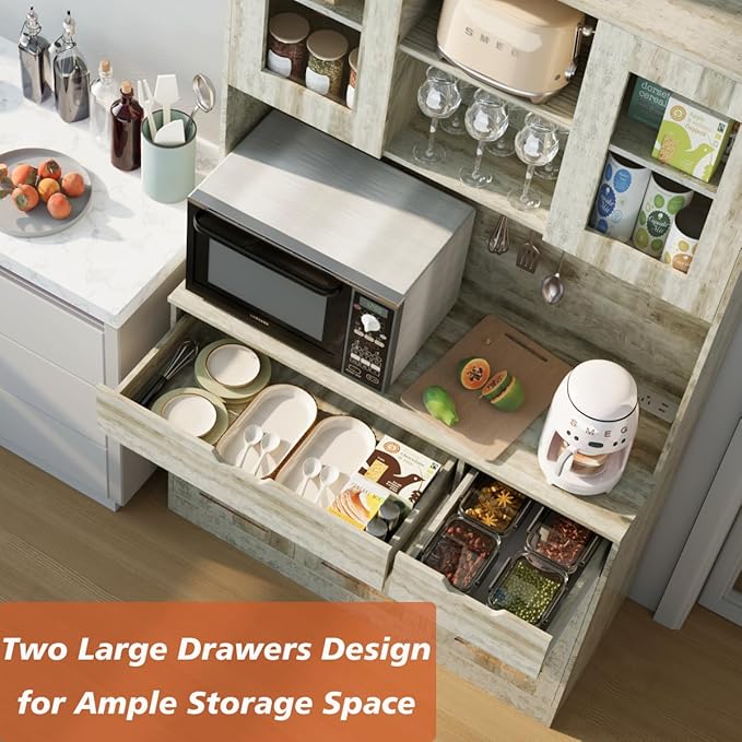71" Tall Kitchen Pantry Storage Cabinet Large Farmhouse Hutch Cabinet with Microwave Stand, Charging Station, Adjustable Shelves, Countertop for Dining Room, Living Room, Grey