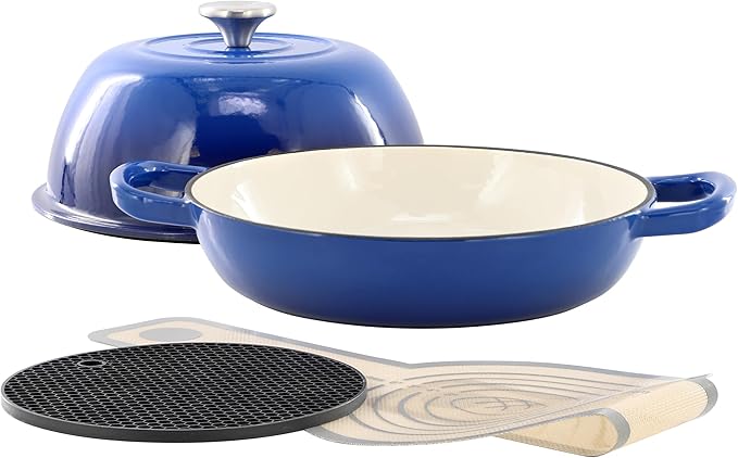 MegaChef 6 Quart Enameled Cast Iron Bread Pot in Red with Baking Mat, Dutch Oven, Bread Oven for Homemade Bread (Blue)