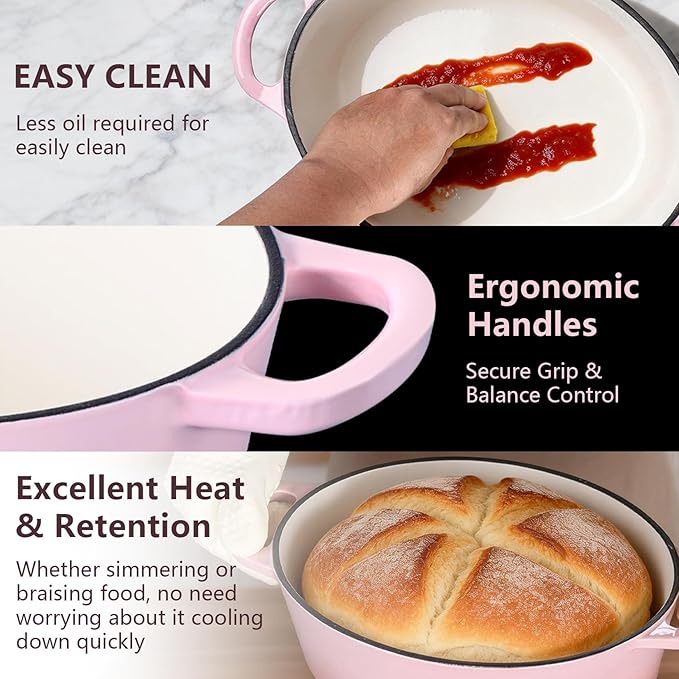 P&P CHEF Oval Dutch Oven with Lid, Enameled Cast Dutch Oven Pot for Bread Baking, Braising, Stewing, Roasting, Non-Stick & Oven Safe, Dual Handles & Easy Clean, 7QT & Pink, Valentine's Day