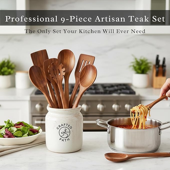 Teak Wooden Utensil Set (9-Piece) – Teak Cooking Utensils for Nonstick Cookware, Teak Wooden Spoons for Cooking & Spatula - Natural Wood Kitchen Utensils by Crafted Path