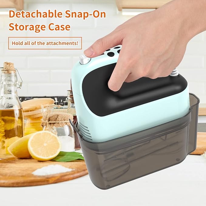 9-Speed Digital Hand Mixer Electric, 400W Powerful DC Motor, Hand Mixer Electric Handheld with Snap-On Storage Case, 5 Stainless Steel Accessories, Beaters, Dough Hooks, Whisk(Ice Blue/Black)