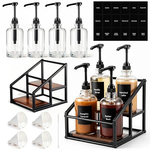 Coffee Bar Accessories, 4 Pack 16.9oz/500ml Coffee Syrup Dispenser with 1/4oz Pump, 2-tier Syrup Rack Organizer, Labels, Straw Brushes, Funnels for Kitchen Countertop, Wine, Dressing Storage