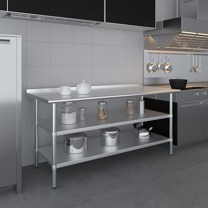 AmGood Stainless Steel Work Table with 1.5" Backsplash and 2 Shelves | Metal Kitchen Food Prep Table | NSF (72" Long x 30" Deep)