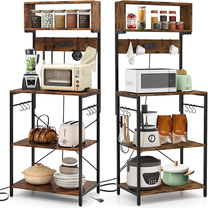 POWERSTONE 2 Kitchen Bakers Rack with Power Outlet, 5-Tier Coffee Bar Cabinet Microwave Stand with 10 S Hooks, Organizers and Storage for Kitchen, Living Room, Balcony & Office