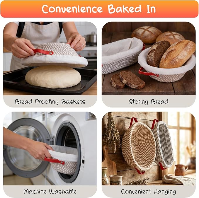 Sourdough Starter Kit, 24oz Starter Jar, 2 Cotton Rope Banneton Bread Proofing Basket Set, 9'' Round & 10'' Oval Baskets with Liners & Covers, Complete Sourdough Bread Baking Set (42PCS)