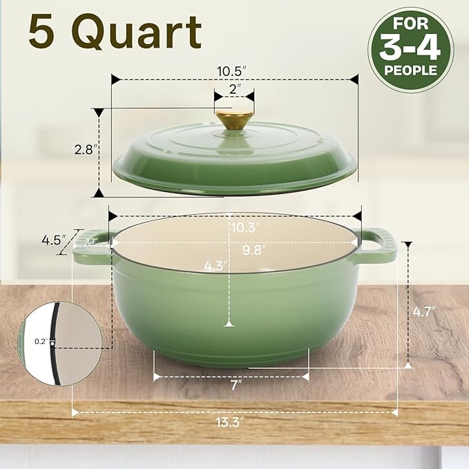 Bonnlo Round Dutch Oven, Enameled Cast Iron Dutch Oven Pot with Lid & Dual Handles, Oven Safe Up to 500° F, for Sourdough, Bread Baking, Stews and Roasting (Green, 5 Quart)