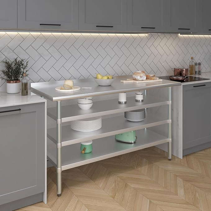 AmGood Stainless Steel Work Table with 1.5" Backsplash and 3 Shelves | Metal Kitchen Food Prep Table | NSF (60" Long x 24" Deep)