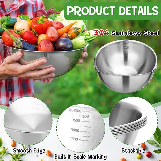 Honeydak 6 Pcs 304 Stainless Steel Mixing Bowls with Graduations, Salad Bowls Metal Serving Reusable Baking Food Storage Containers for Baking Cooking Salads Soups Ice Cream Noodles (54 oz)