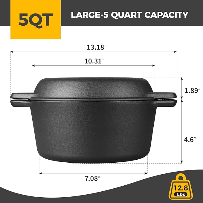 Pre-Seasoned Cast Iron Dutch Oven Pot with Skillet Lid Cooking Pan, 2-in-1 Sourdough Bread Baking Pan with Proofing Basket and Baking Supplies, 5QT