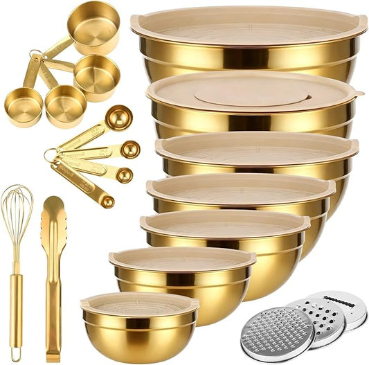 20 PCS Gold Mixing Bowls with Lids Set - 7 Mixing Bowls with 3 Graters, 8 Measuring Spoons, 1 Whisk, and 1 Food Tong, Nesting Bowl Set for Baking, Cooking, Meal Prep