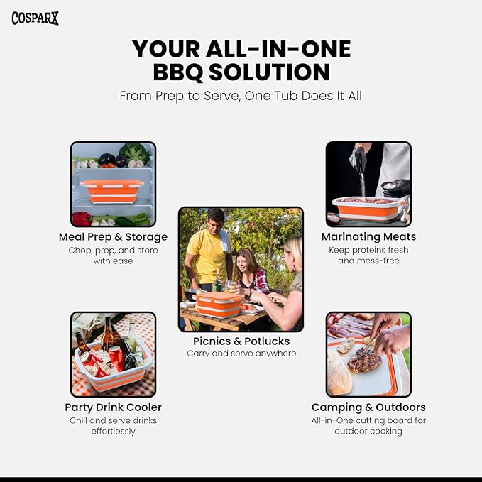XL Collapsible BBQ Prep Tub with Cutting Board & Drain Plug – Portable Food Prep Station for Kitchen, Camping & Grill – Dishwasher Safe, Space-Saving Design – (Orange)
