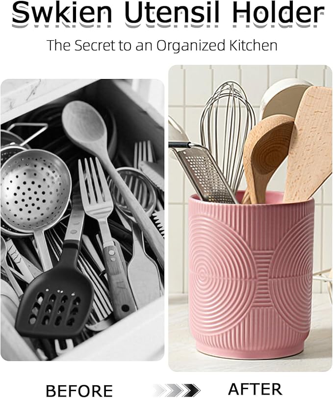 Utensil Holder, 7.2" Kitchen Utensil Holder for Counter, 2-in-1 Ceramic Cooking Utensils Holders with Spoon Rest, Utensil Crock for Spatula, Ideal Housewarming Gift(Pink)