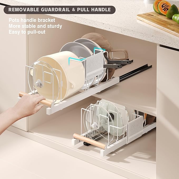 Pull Out Pots and Pans Organizer Under Cabinet, 22" Deep Expandable Pot Lid Organizer and Storage with 10 Adjustable Dividers Adhesive Pot and Pan Holder Rack with Handle Bracket(1 Pack,White)