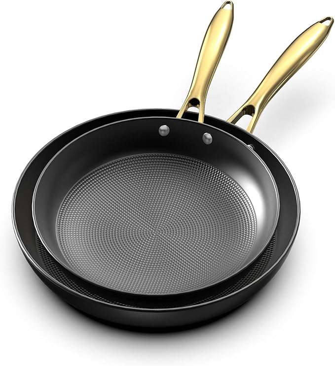 imarku Non Stick Frying Pans, 10 & 12 Inch Cast Iron Skillets with Honeycomb Surface, Oven Safe & Induction Compatible, Ergonomic Stay-Cool Handle, Gold