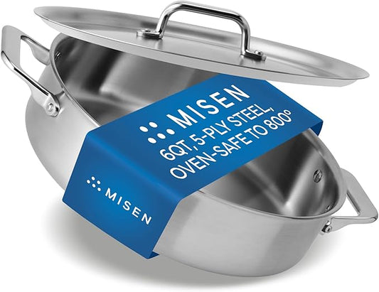 Misen 5-Ply Stainless Steel 6QT Rondeau – Wide, Flat Cooking Surface - Even Heating, Perfect Searing - Durable, Versatile Cookware – Oven-Safe to 800F, Induction Compatible
