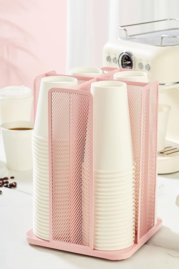Annova Paper/Plastic Cup and Lid Holder Plastic Storage Organizer, 360°Rotating Coffee Mup Dispenser with 4 Compartments, Multifunctional Storage Rack for Home, Office, Bar, Coffee Shop (Light PInk)