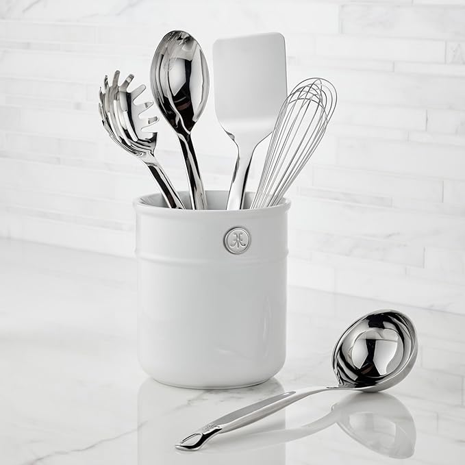 Hestan Provisions Chef's Tools, Deluxe Tool Set (6-Piece) with Porcelain Holder/Bain Marie & Stainless Steel: Solid Spoon, Ladle, Pasta Fork, Turner/Spatula, French Whisk