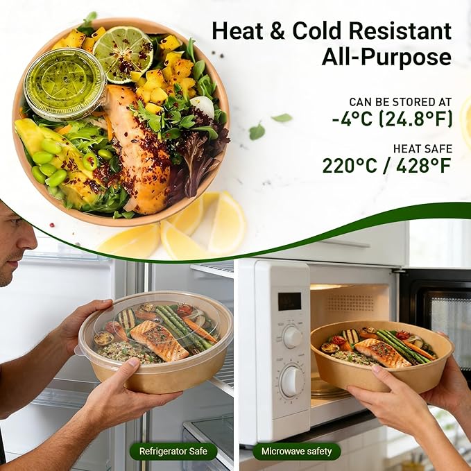 47 Oz Bulk Pack Disposable meal prep Round Paper Bowls with Lids,200 Sets Leakproof Microwave-Safe Deli Containers, Bulk Pack for Salad, Soup, Pho,Acai & Picnic, Sturdy for Food Toppings