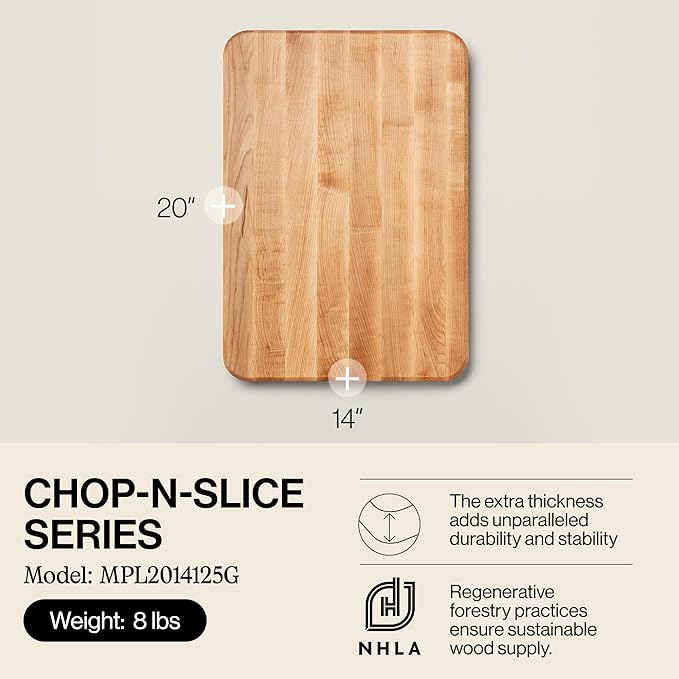 John Boos Chop-N-Slice Series Rectangular Maple Cutting Board, 20" x 14" x 1.25", 10 lb – Reversible Edge-Grain Butcher Block with Finger Grips, Made in the USA