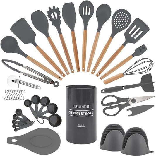 Country Kitchen Non Stick Silicone Utensil Set with Rounded Wood Handles for Cooking and Baking, 38 Piece Set, Gray