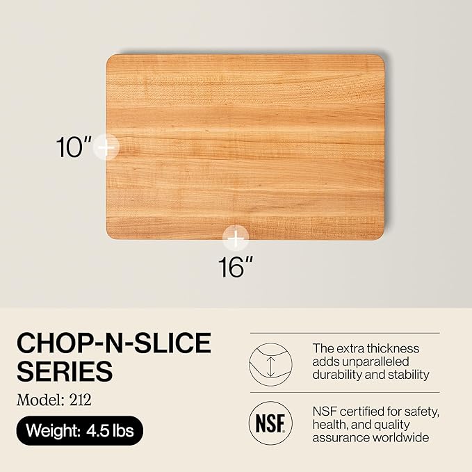 John Boos Chop-N-Slice Series Rectangular Maple Cutting Board, 16" x 10" x 1", 4.5 lb – Reversible Edge-Grain Butcher Block, Made in the USA