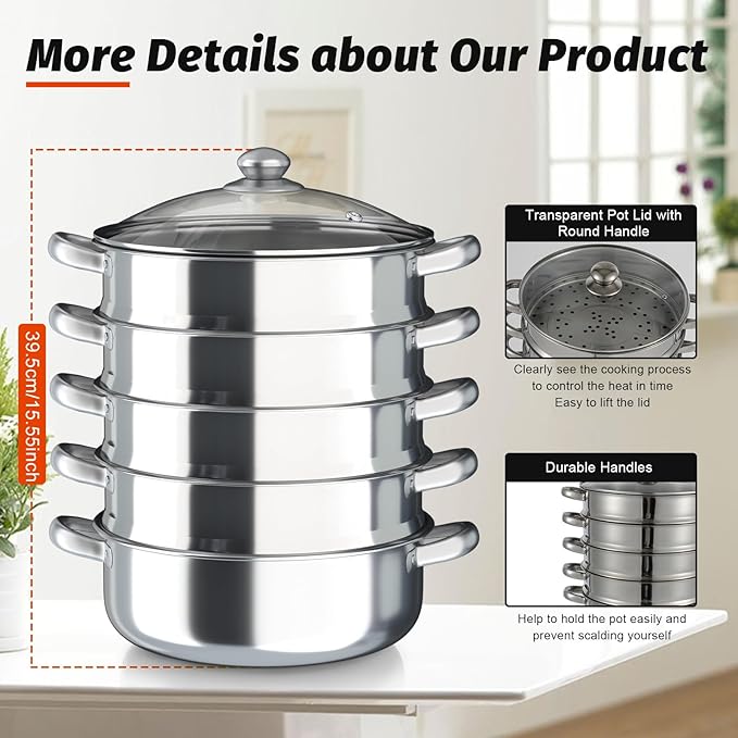 5-Layer Stainless Steel Steamer, 30CM Commercial Food-Grade Steamer Cookware Steaming Pot Tool w/Glass Lid Foods Steamers for Induction Cookers, Electric Ceramic Stoves, Gas Stoves (Silver, 30CM)