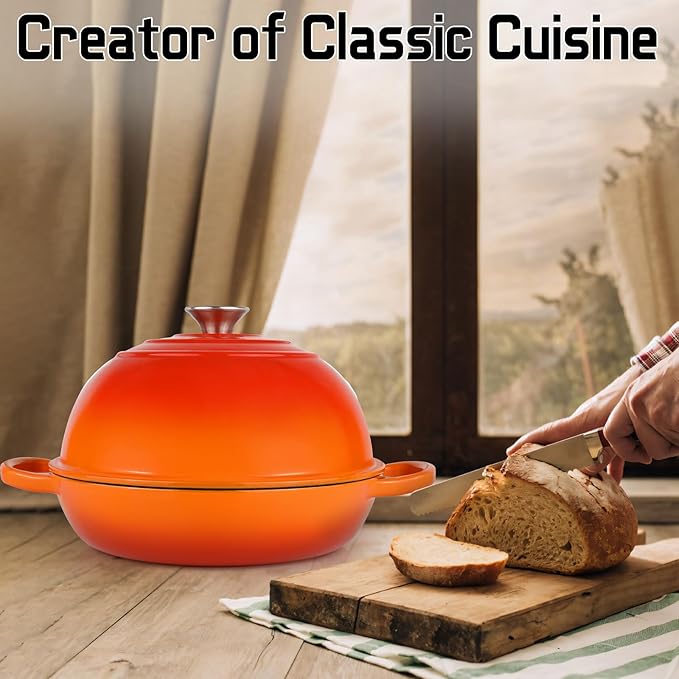 Enameled Cast Iron Bread Oven, Dutch Oven Pot with Lid, 10" Bread Dutch Oven for Sourdough Bread Baking, 6 Quarts Bread Pan with Dome Lid, Non-stick Cookware for Homemade Bread, Orange