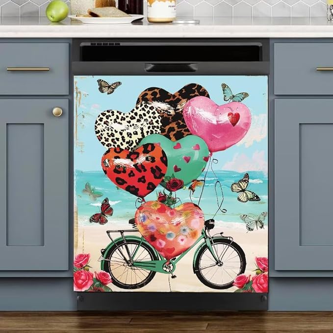 Dishwasher Magnet Cover, Heart Balloons Bicycle Butterfly Refrigerator Magnetic Vinyl Sticker for Dishwasher Door, Valentine's Day Decorative Kitchen Appliance Panel Decal, 23Wx26H Inches