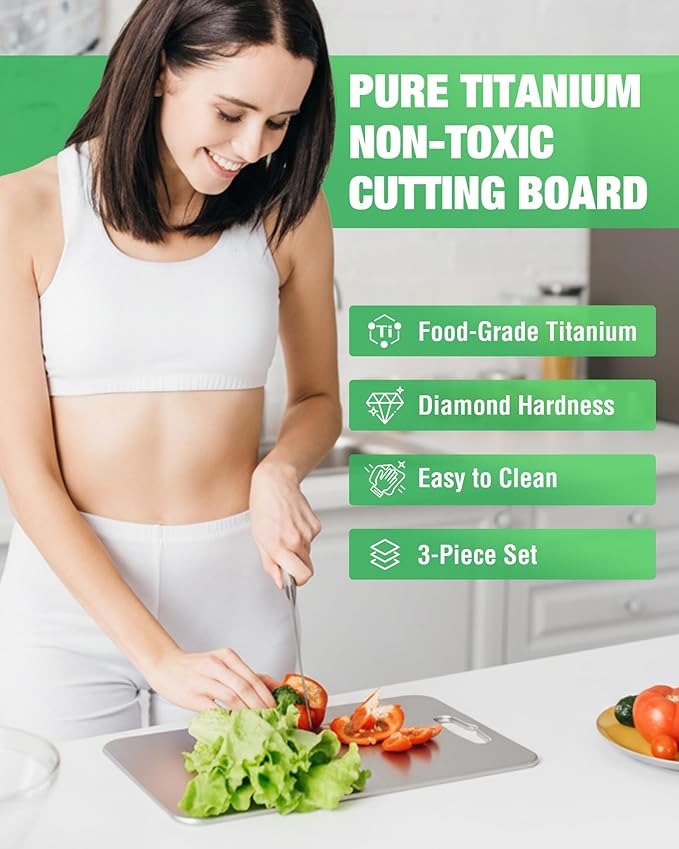 100% Pure Titanium Cutting Boards for Kitchen - Set of 3 Titanium Cutting Board Non Toxic | Double-Sided Metal Cutting Board for Meat, Vegetables and Fruits | Dishwasher Safe (S/M/L)