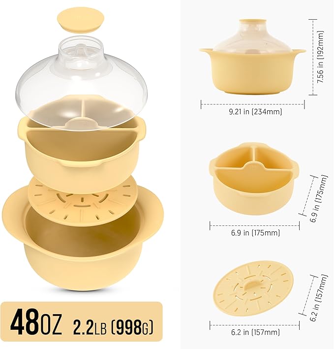 48oz Platinum Silicone 3 Compartmented Microwave Steamer Pot with Handle & Lid - Korean 100% Food-Grade Steamer Bowl, Heat-Resistant Cooker with Steam Holes, Easy Clean, Dishwasher Safe, Yellow