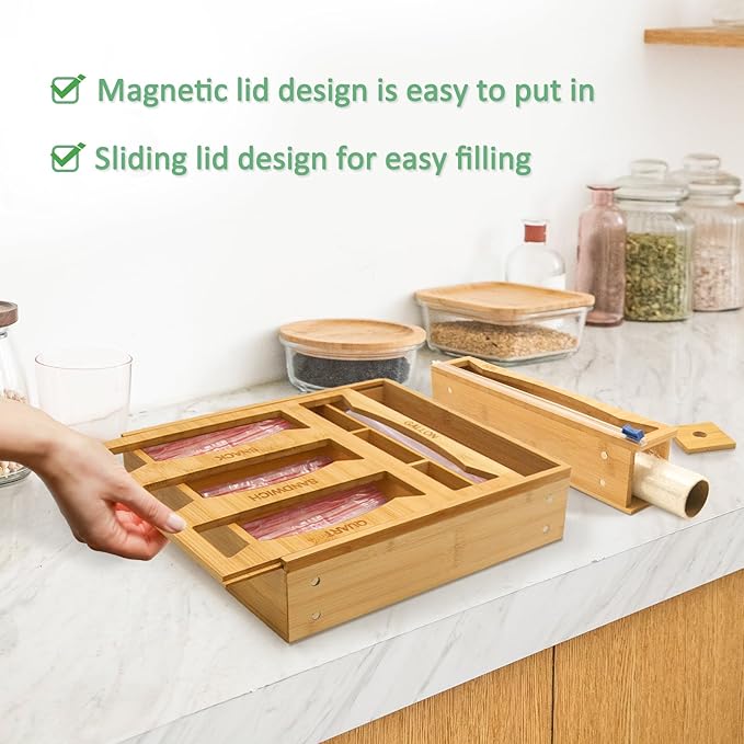 6-in-1 Magnetic Bamboo Drawer Organizer for Kitchen or Fridge, Adjustable Compartment Storage with Foil and Plastic Wrap Dispenser and Cutter – Fits Gallon, Quart, Sandwich, Snack Bags
