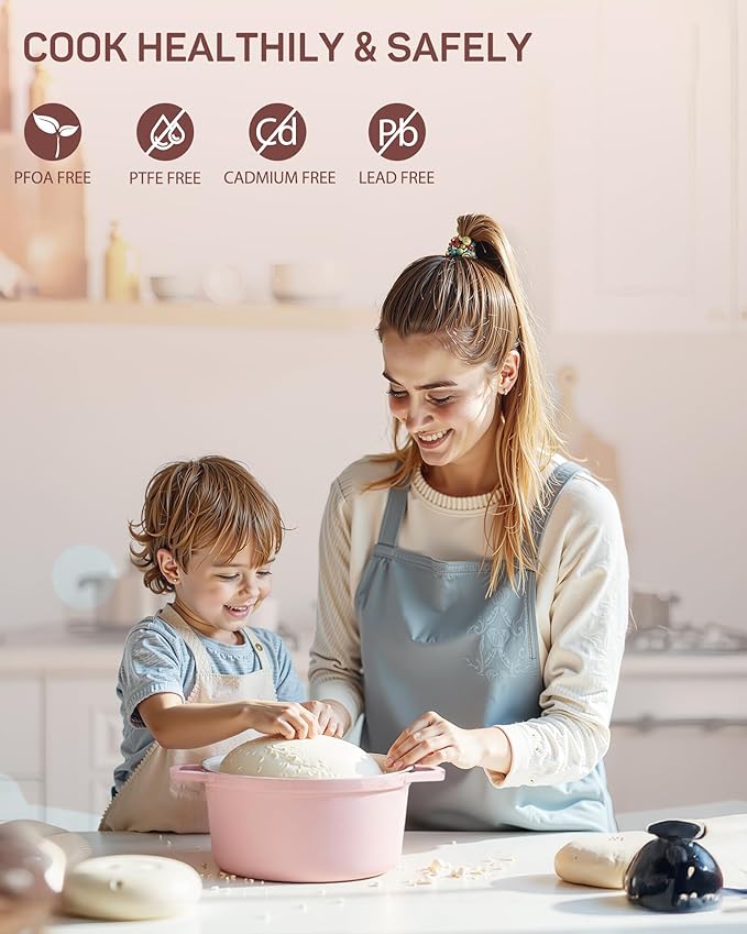 Enameled Cast Iron Dutch Oven – 4.4 Quart Pot with Lid & Potholders – Heavy-Duty Cookware for Bread Baking, Braising, Stews & Roasting – Oven & Stovetop Safe up to 500°F – Pink
