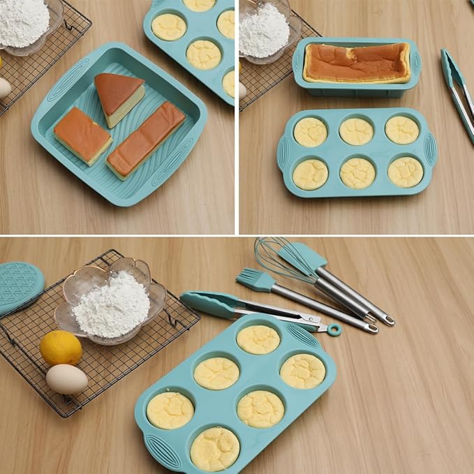 10in1 Nonstick Silicone Baking Cake Pan Cookie Sheet Molds Tray Set for Oven, BPA Free Heat Resistant Bakeware Suppliers Tools Kit for Muffin Loaf Bread Pizza Cheesecake Cupcake Pie Utensil (Blue)