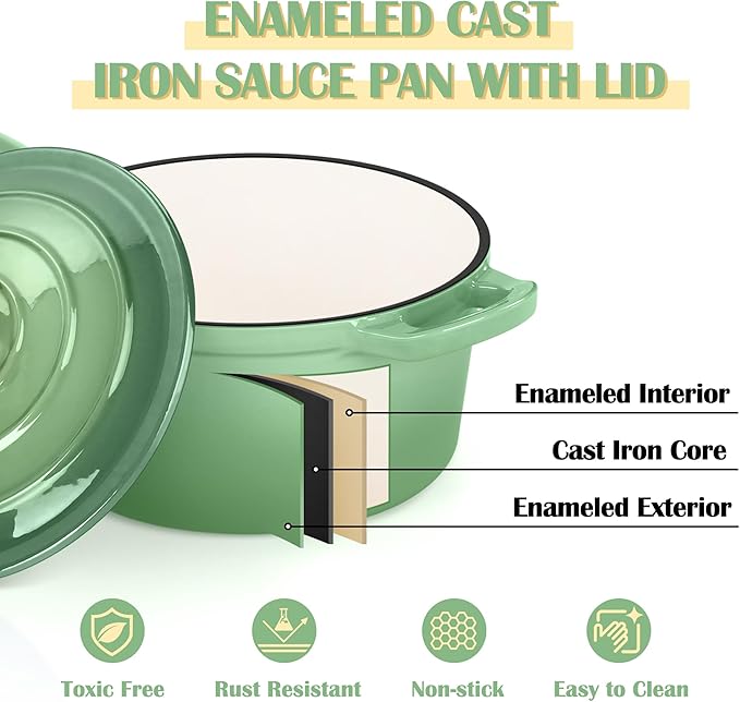E-far Enameled Cast Iron Sauce Pan with Lid, 1 Quart Dutch Oven Saucepan, Mini Sauce Pot for Cooking, Boiling, Healthy & Non Toxic, Induction & Oven Safe, Pistachio Green