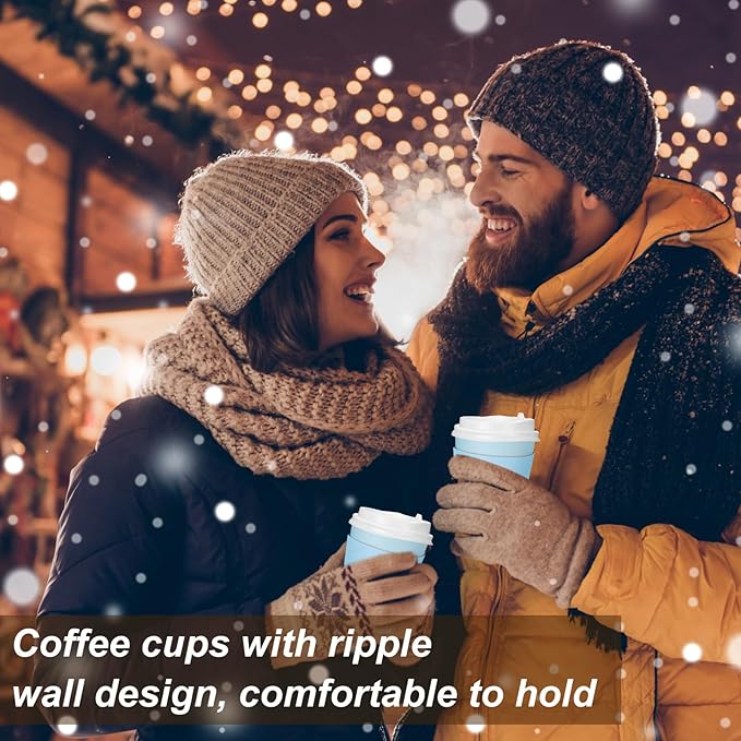 Patelai 48 Pcs 12 oz Disposable Coffee Cups with Lids and Sleeves Bulk, Insulated Hot Chocolate Paper Cup for Hot and Cold Beverage Water Juice Cocoa Tea Party Restaurants Travel Supplies (Blue)