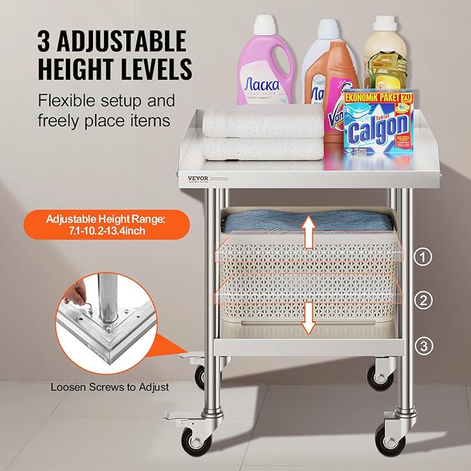 VEVOR Stainless Steel Work Table, 24 x 24 x 30 Inch Commercial Food Prep Worktable with 4 Wheels, Casters, 3-Sided Backsplash Heavy Duty Prep Worktable, Metal Work Table for Restaurant Home Hotel