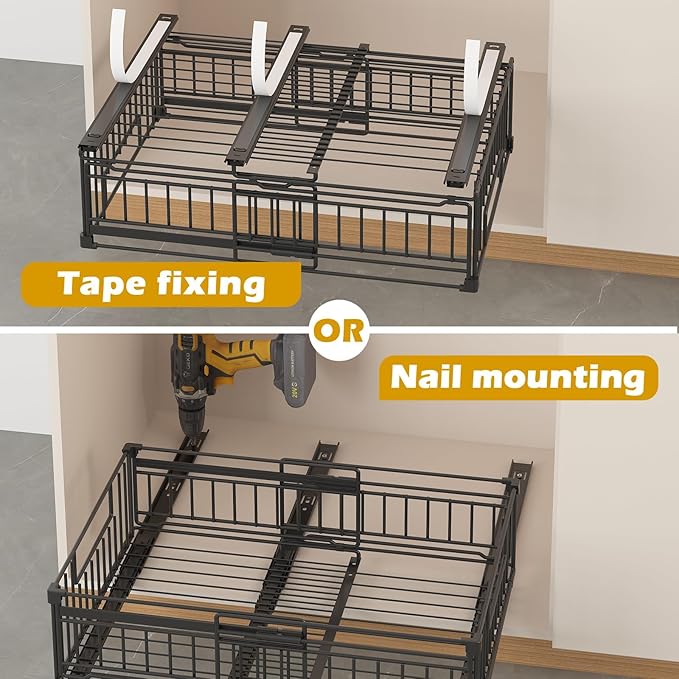 NETEL 2 Pack Expandable Pull Out Cabinet Organizer, Raised 6.69" guardrail, Adjustable Width 12.99"-20.07", 20.86" Depth Pull Out Cabinet Organizer, Adhesive Pull Out Drawers for Cabinets, Black