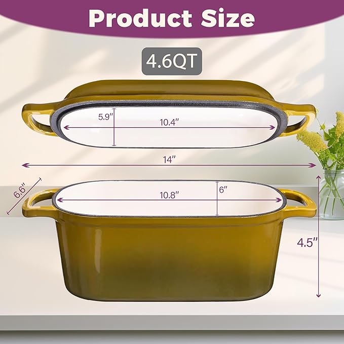 4.6-Quart Oval Dutch Oven for Bread Baking, 2 in 1 Enameled Cast Iron Bread Pan with Lid, Sourdough Bread Dutch Oven for a Crispy Crust, Olive