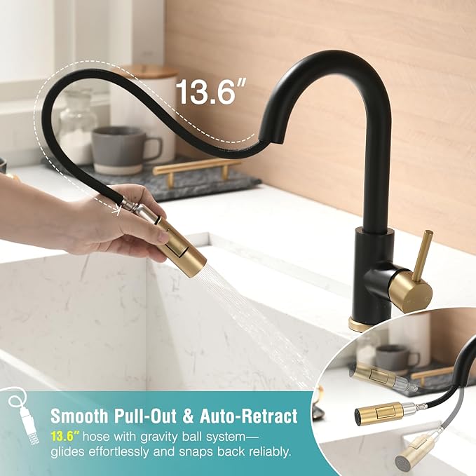 Modern Bar Sink Faucet for Kitchen Sink Single Handle with Pull Out Sprayer Hot and Cold Prep Sink Faucet Black and Gold