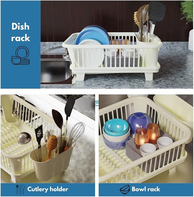 3pc Large Dish Drying Rack, Space Saving Dish Rack for Kitchen Counter, Plastic Dish Rack with Cutlery Holder and Dish Drainer